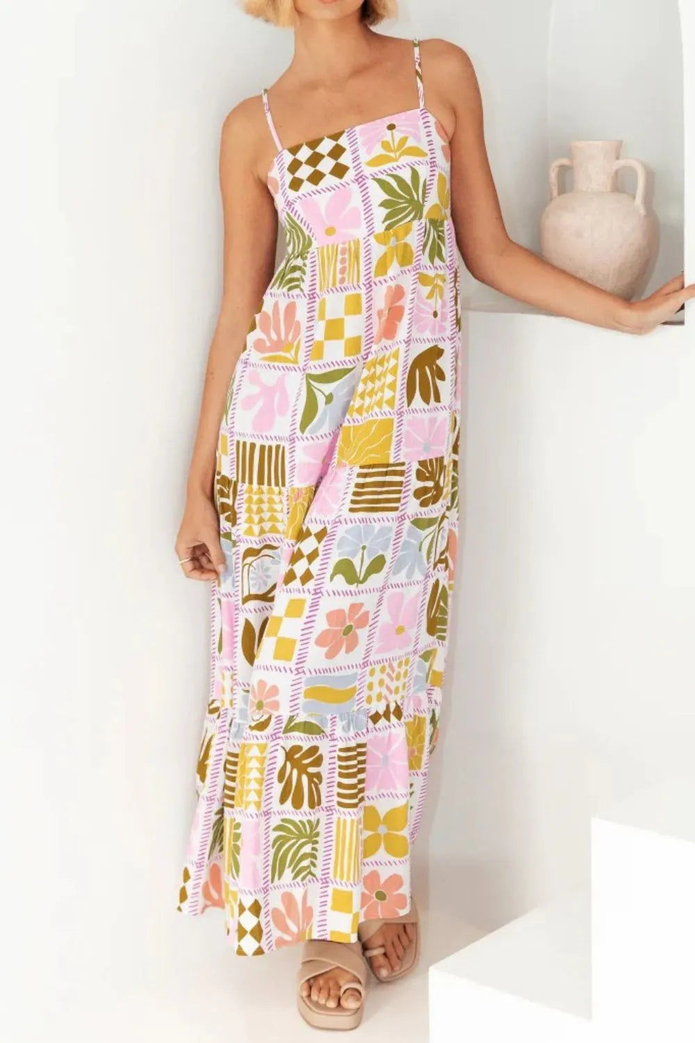 Cutout Back Printed Square Neck Maxi Cami Dress