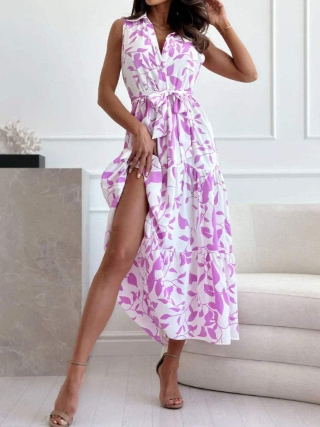 Sleeveless Tie Waist Printed Dress
