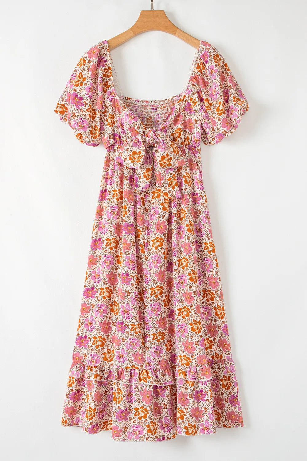 Floral Square Neck Knotted Ruffle Midi Dress