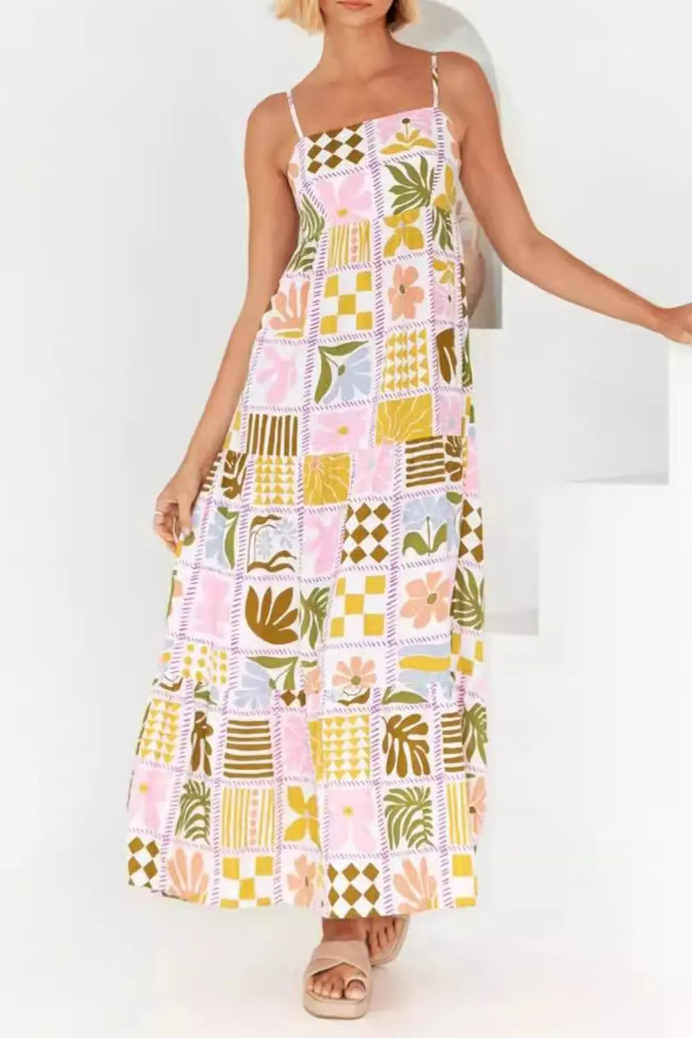 Cutout Back Printed Square Neck Maxi Cami Dress