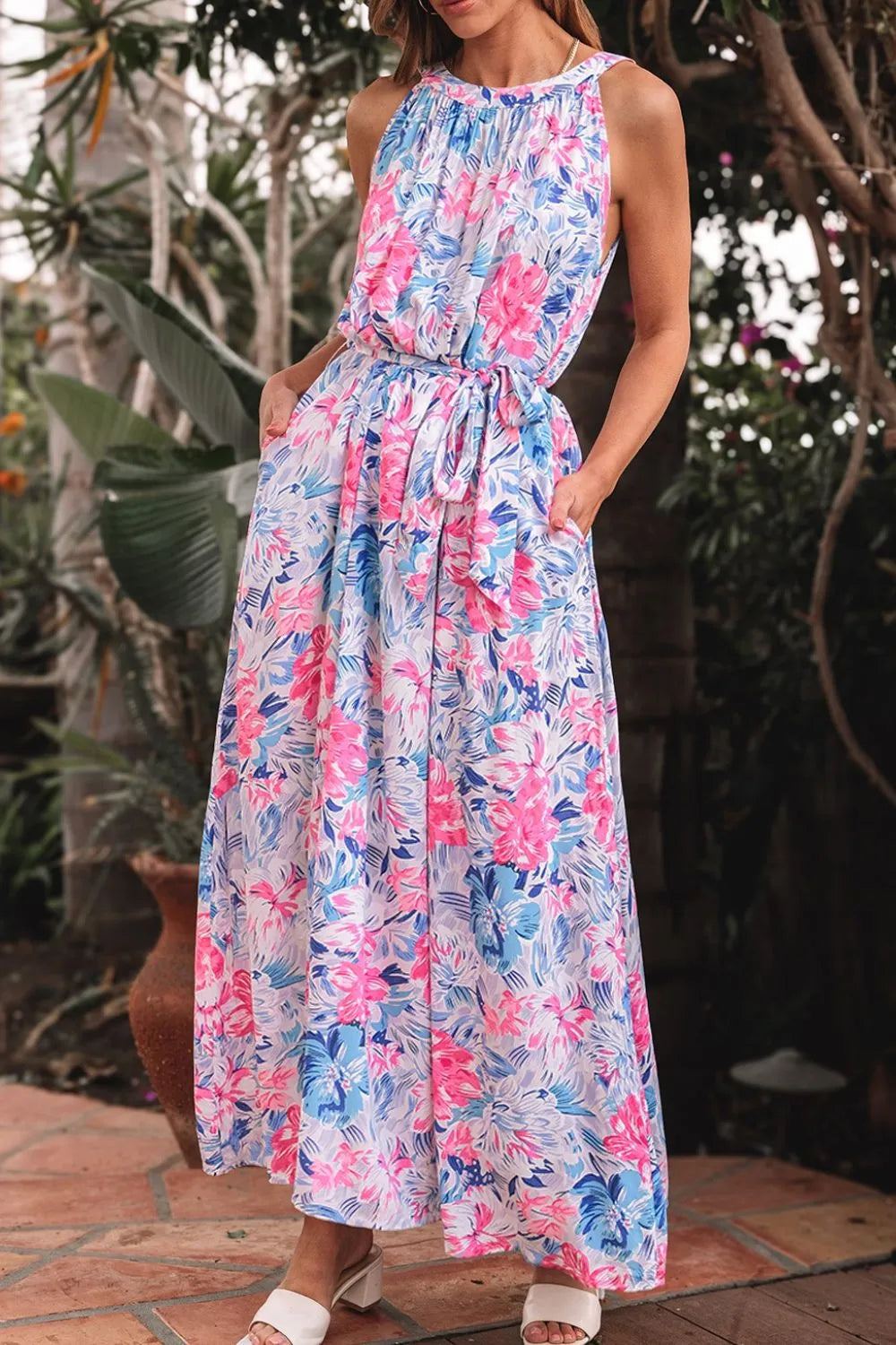 Floral Printed Sleeveless O Neck Knot Waist Dress