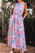 Floral Printed Sleeveless O Neck Knot Waist Dress