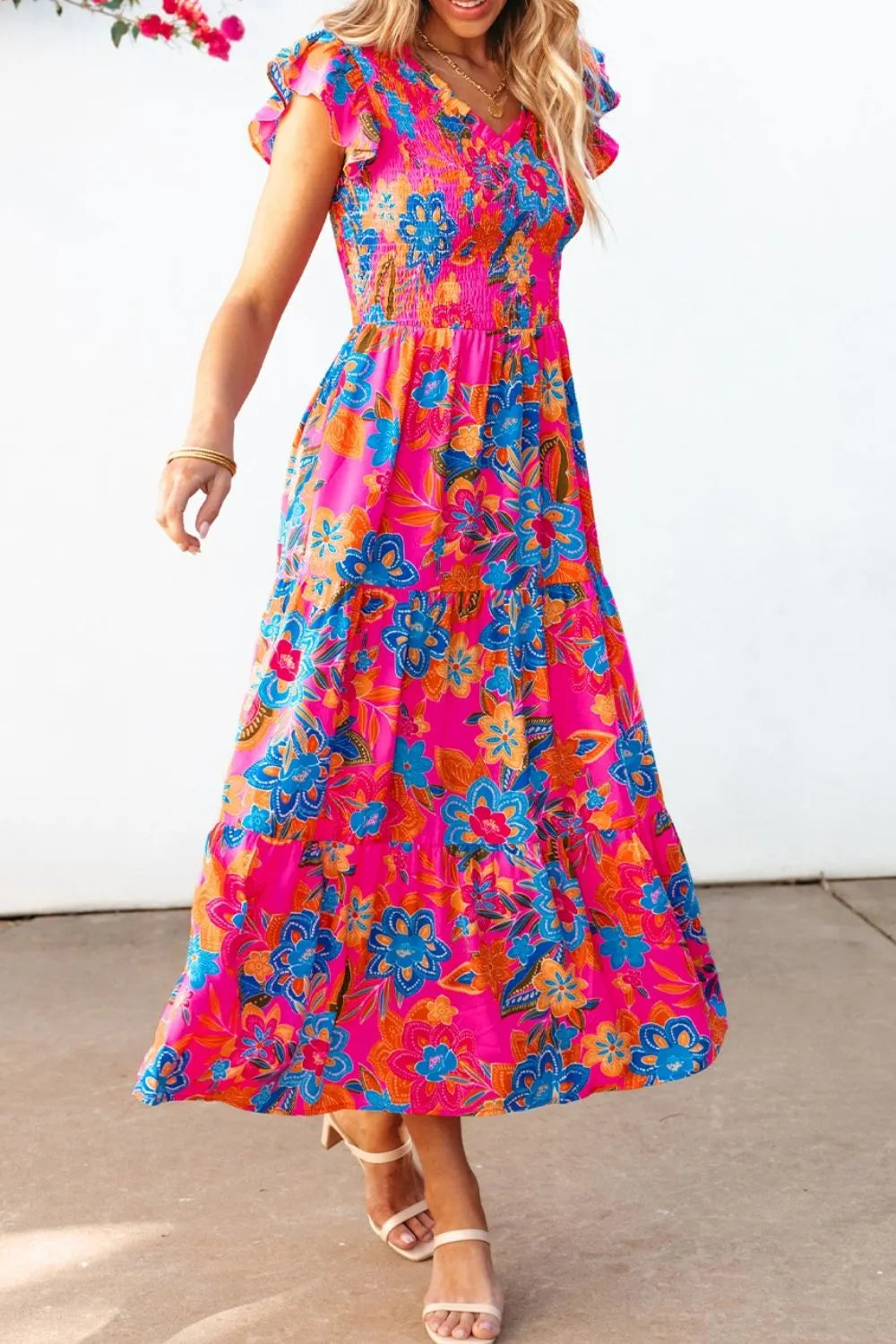 Boho Floral V Neck Ruffle Tiered Dress