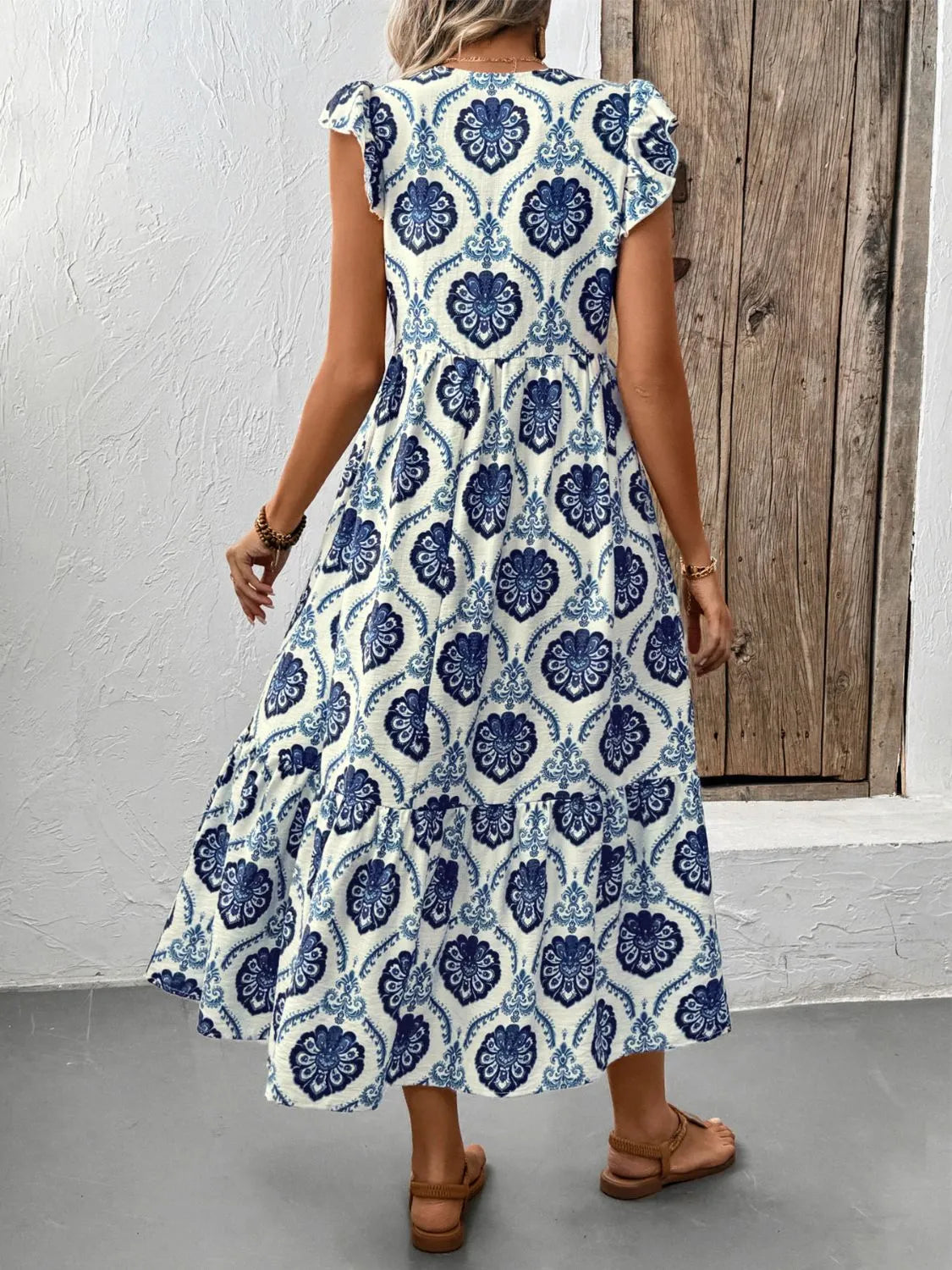 Printed V-Neck Cap Sleeve Dress