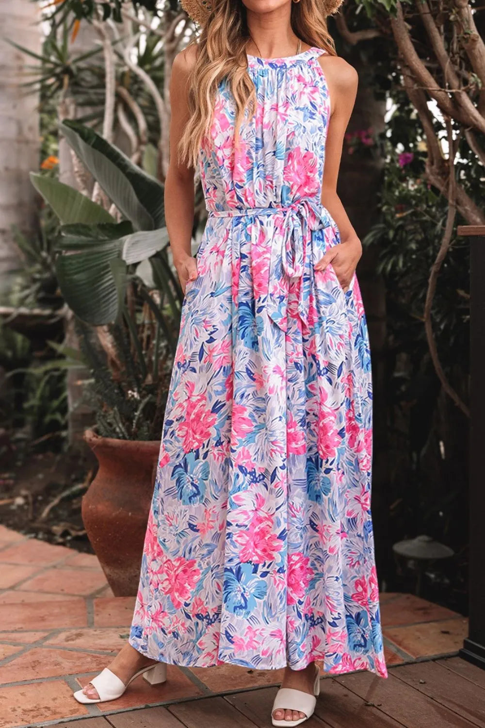 Floral Printed Sleeveless O Neck Knot Waist Dress