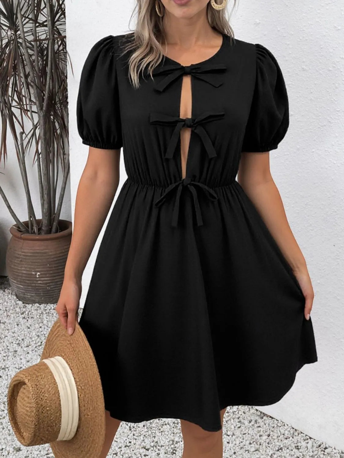 Tie Front Puff Sleeve Mini Dress