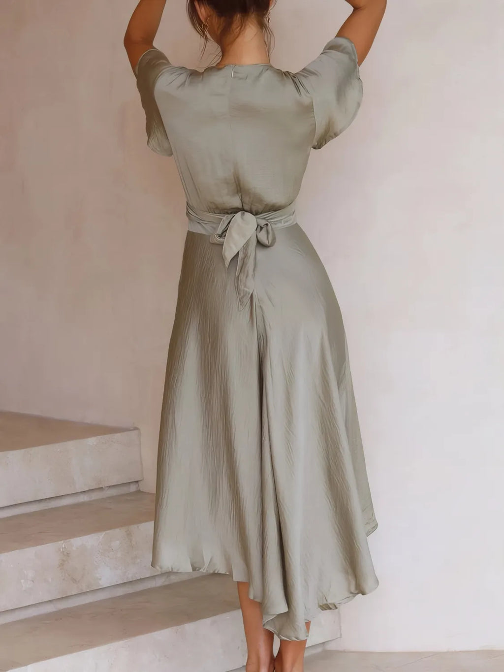 High-Low Plunge Flutter Sleeve Dress