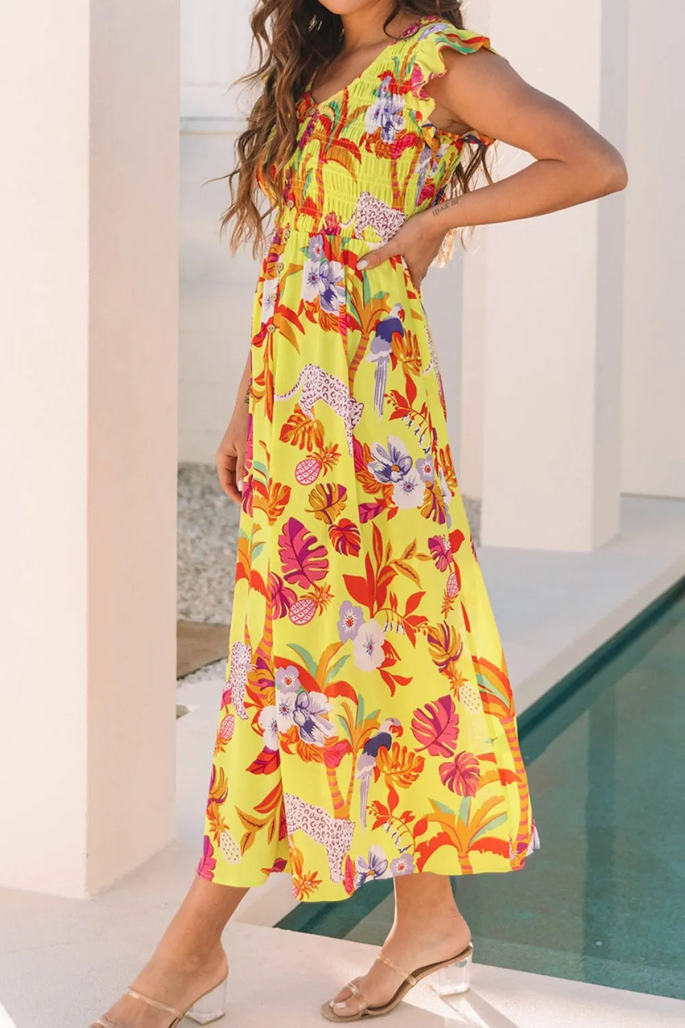 Cheetah Plant Print Shirred Button V Neck Maxi Dress