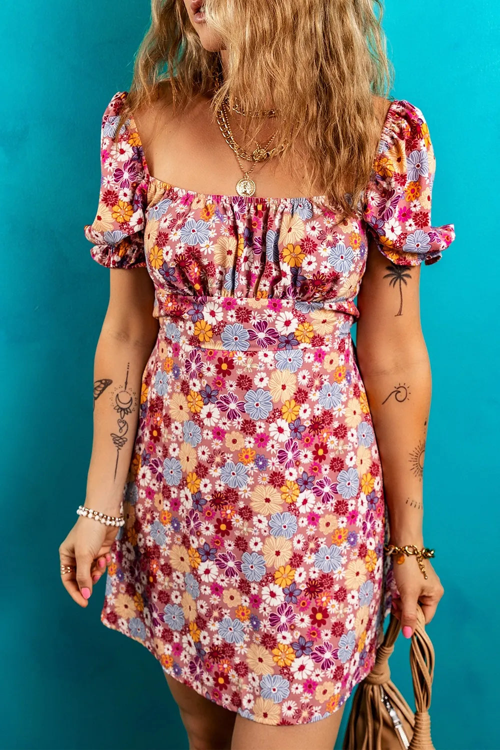 Floral Puff Sleeve Square Neck Knot Open Back Mini Dress