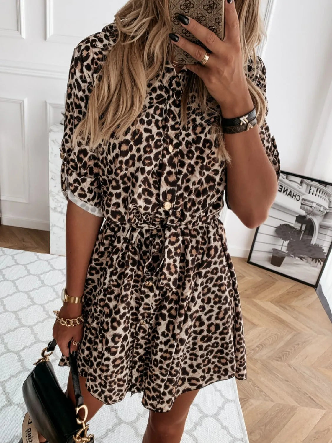Printed Tie Waist Roll-Tab Sleeve Mini Dress