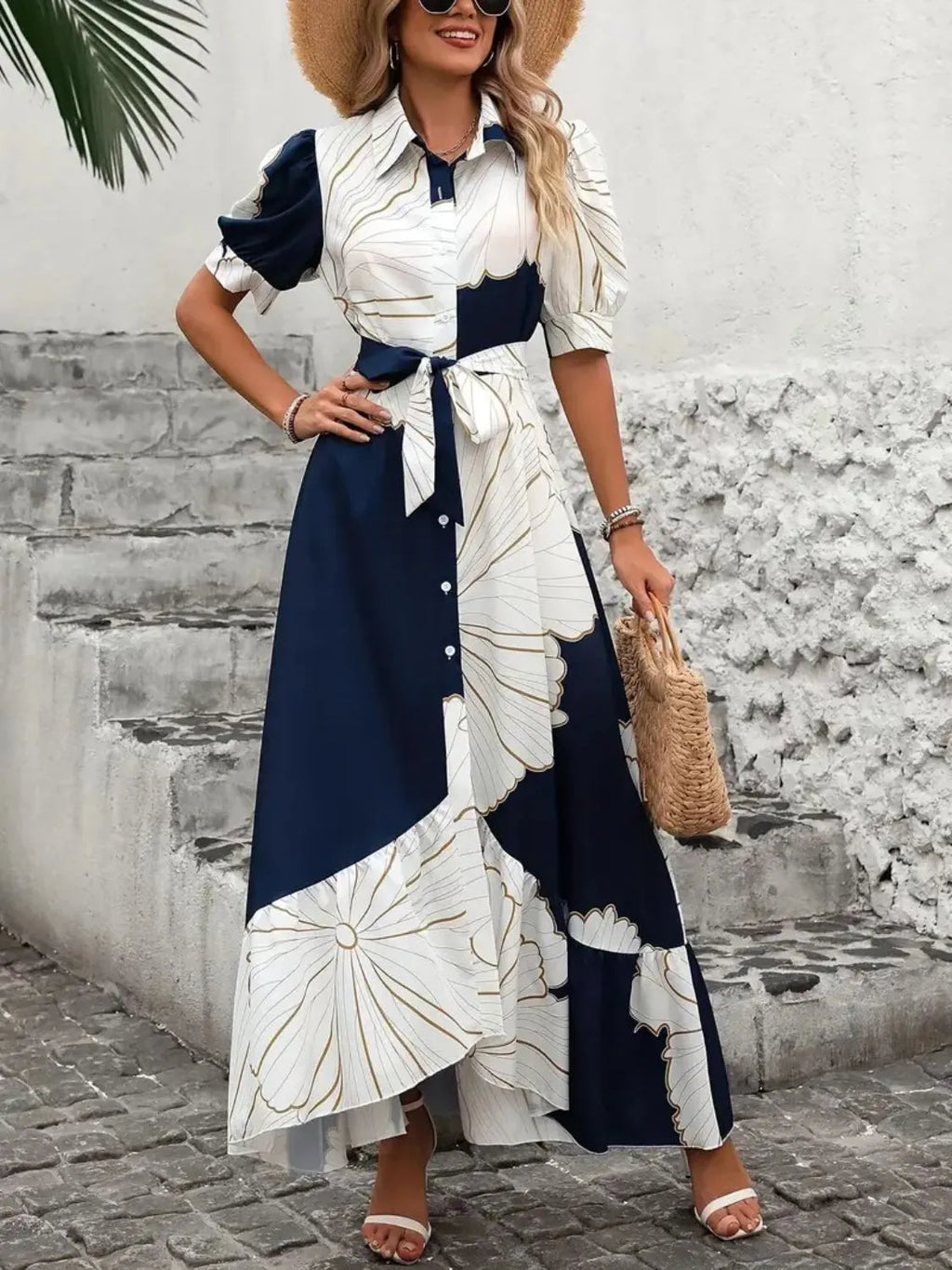Printed Tie Waist Half Sleeve Maxi Shirt Dress