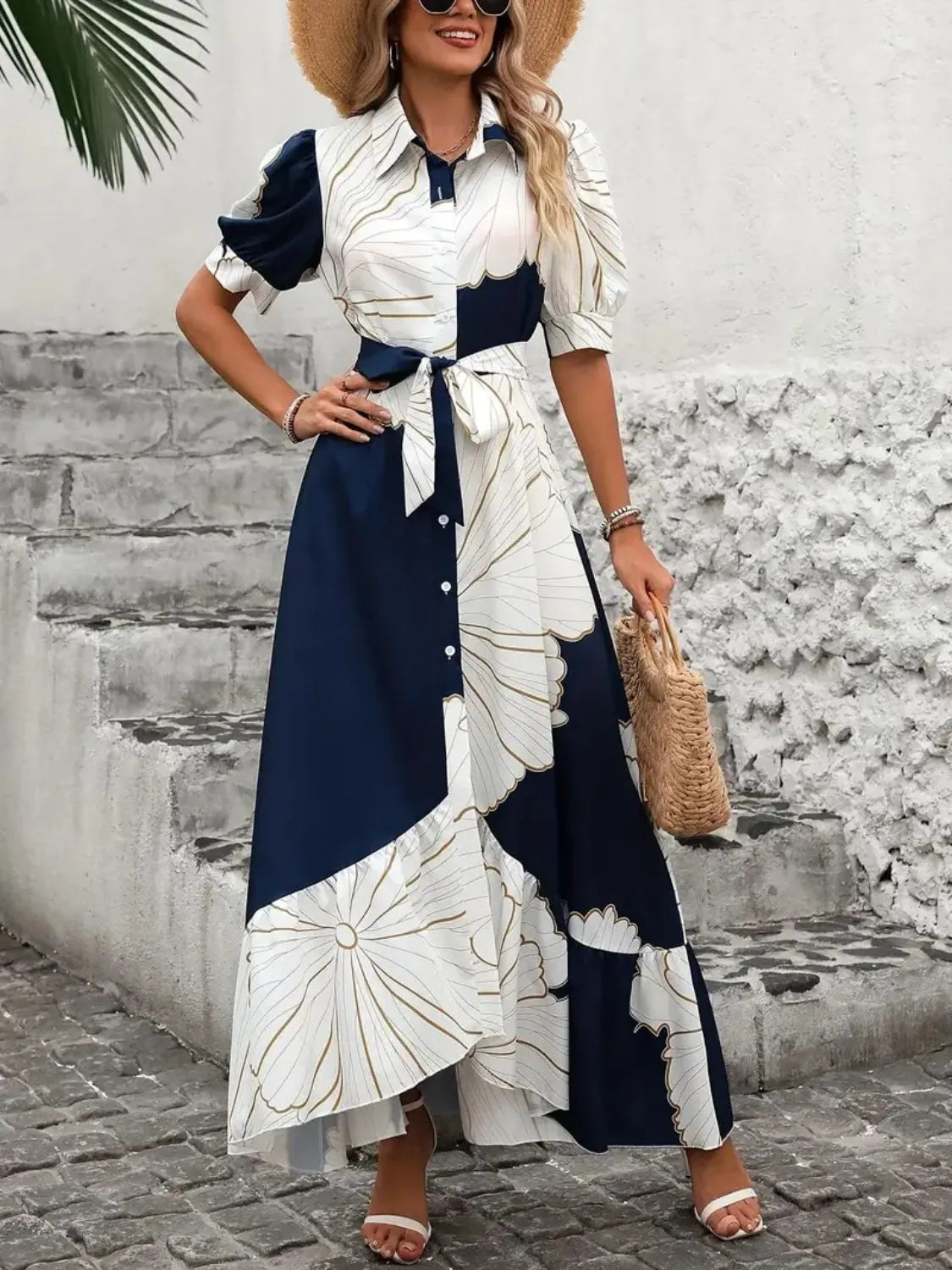 Printed Tie Waist Half Sleeve Maxi Shirt Dress