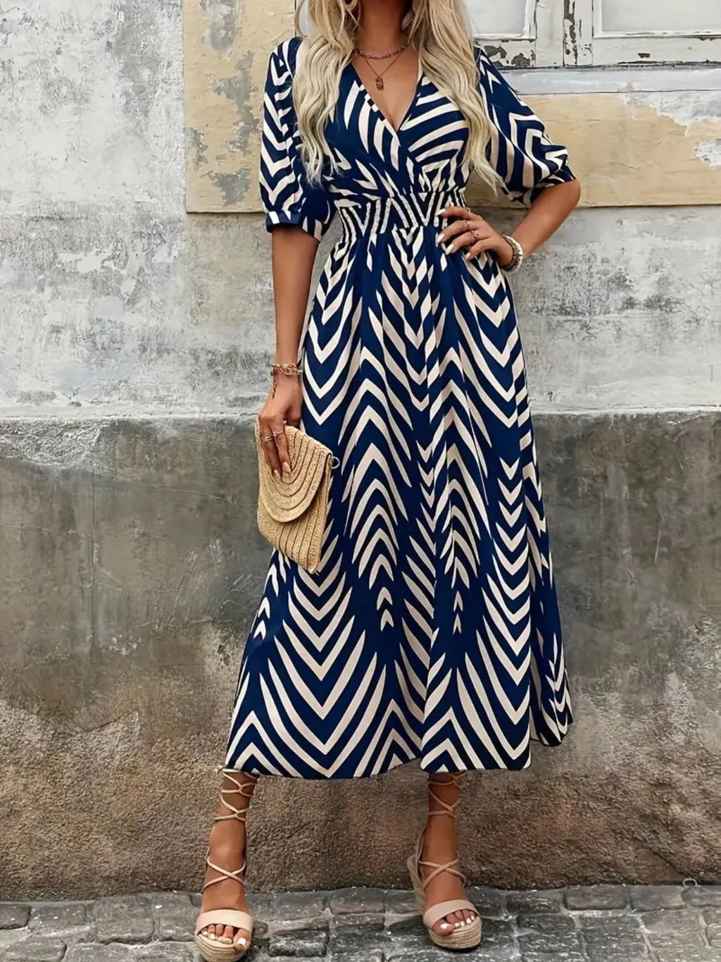 Printed Surplice Half Sleeve Midi Dress