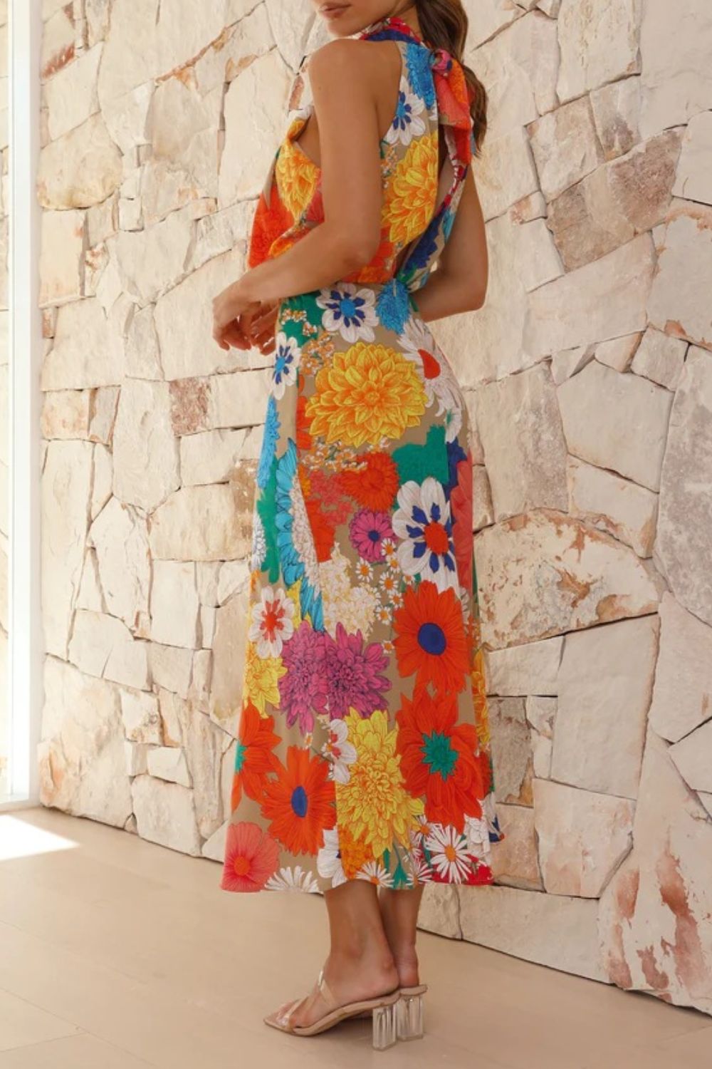 Floral Tied Back Sleeveless Midi Dress