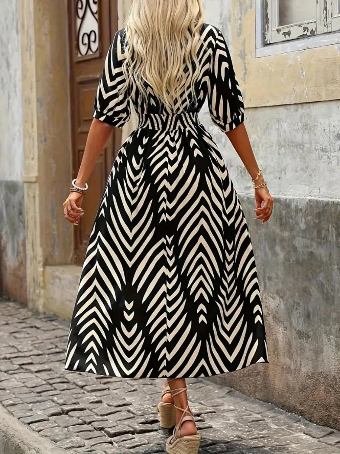 Printed Surplice Half Sleeve Midi Dress