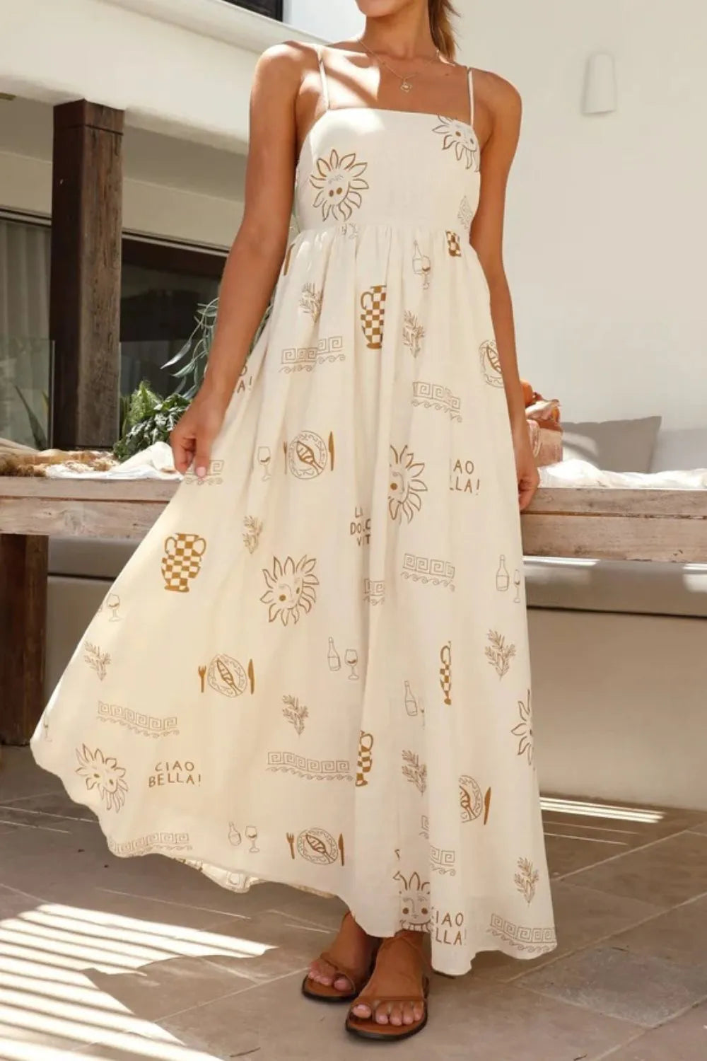 Cutout Back Printed Square Neck Maxi Cami Dress