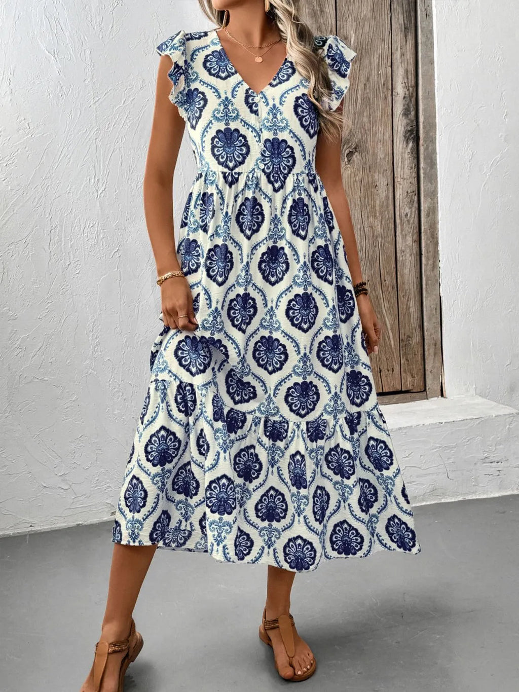 Printed V-Neck Cap Sleeve Dress