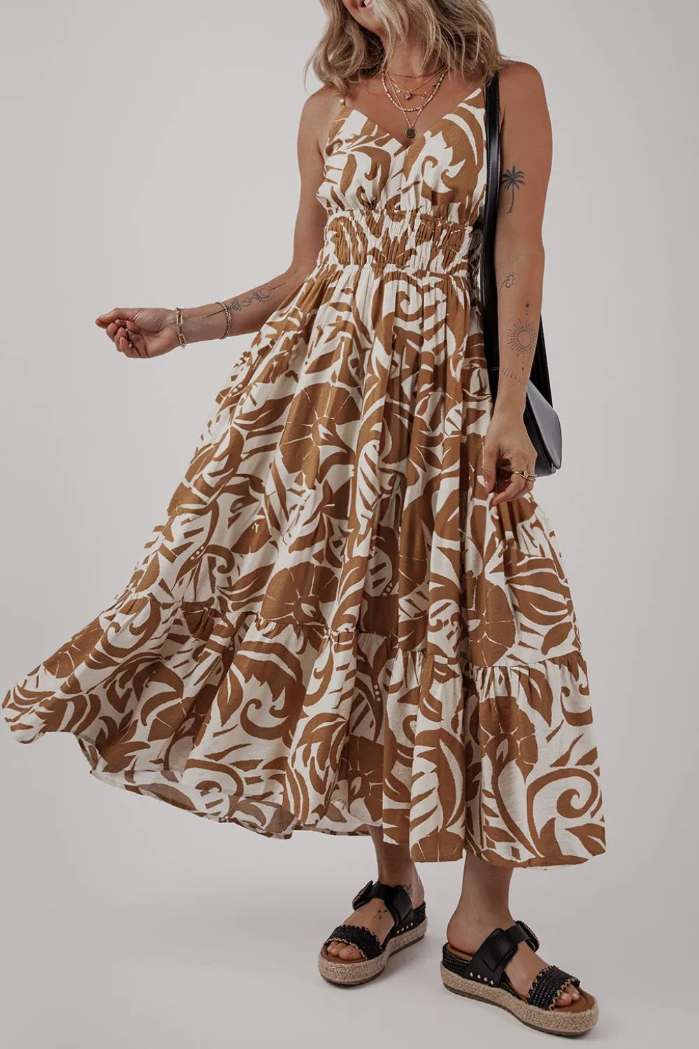 Floral Shirred High Waist Spaghetti Straps Dress