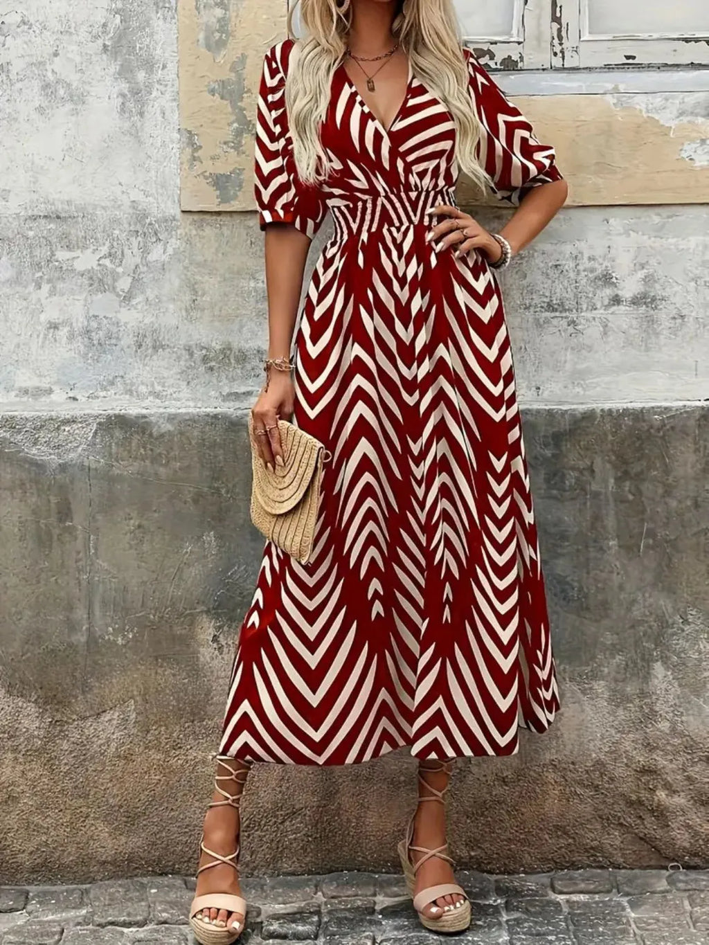 Printed Surplice Half Sleeve Midi Dress