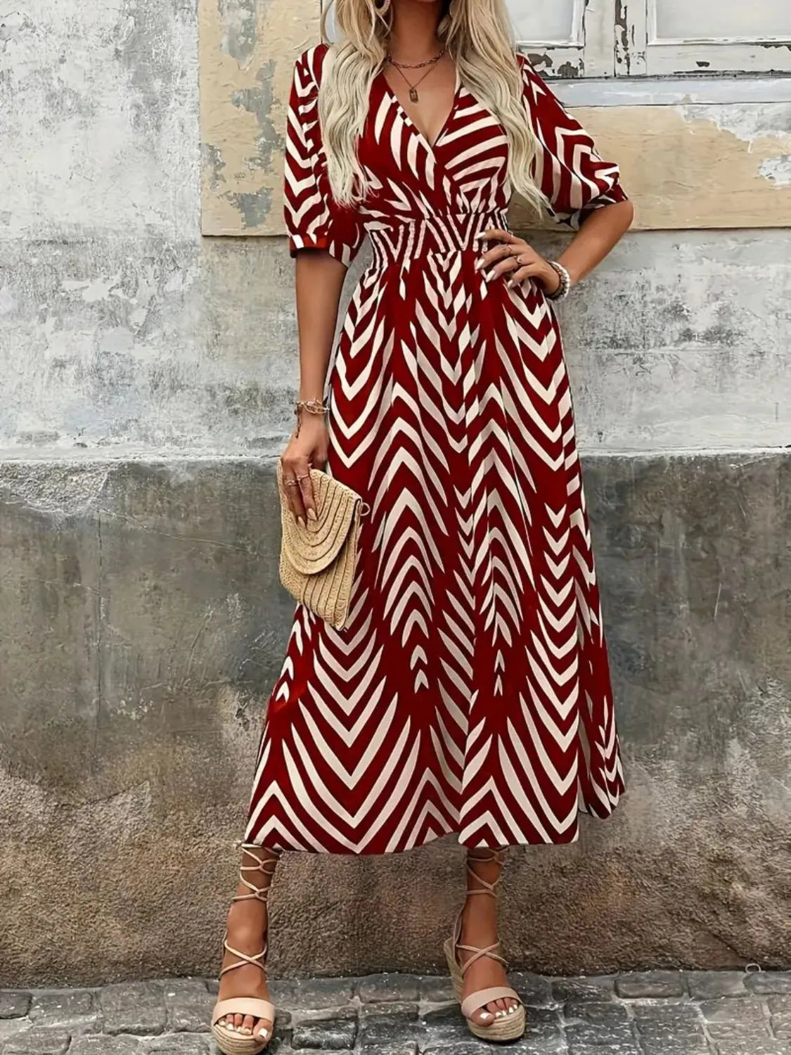 Printed Surplice Half Sleeve Midi Dress