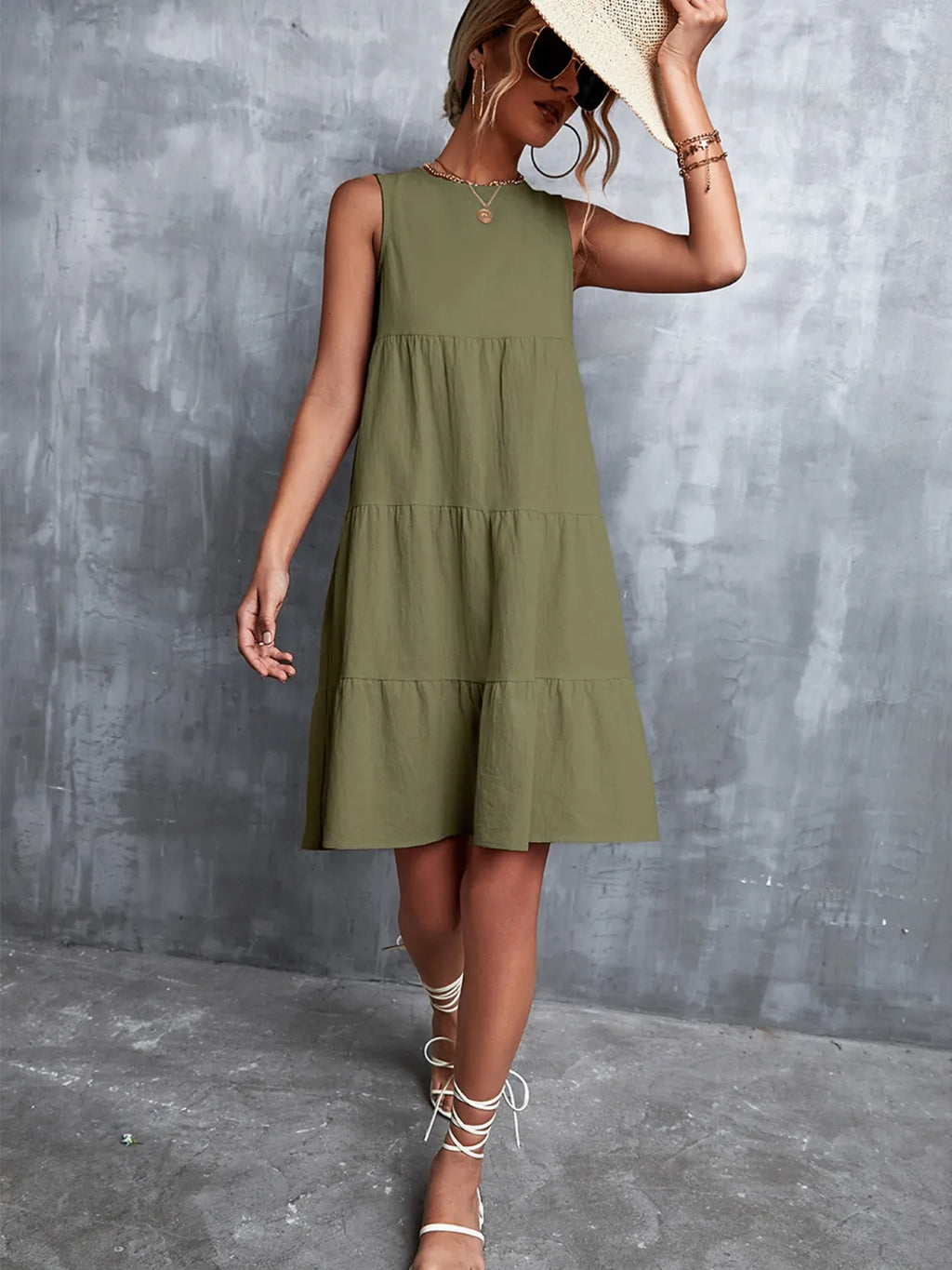 Tiered Round Neck Sleeveless Mini Tank Dress