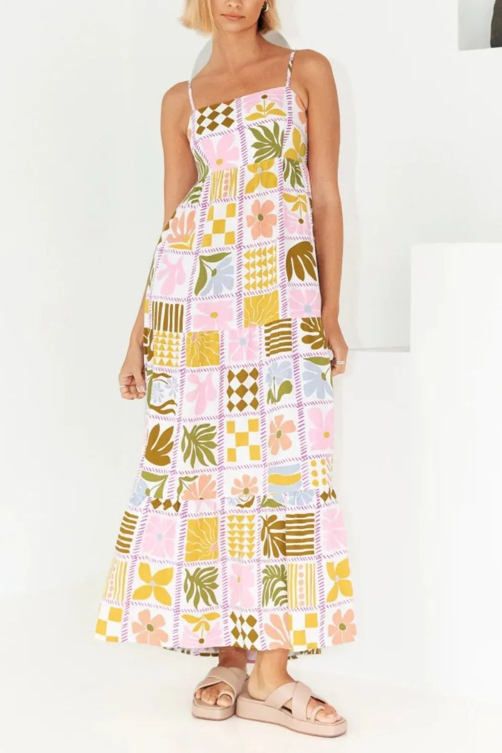 Cutout Back Printed Square Neck Maxi Cami Dress