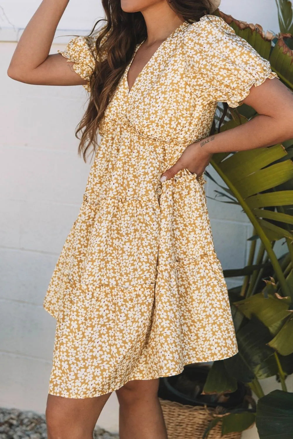 Floral Short Sleeve Surplice Frilly Tiered Mini Dress