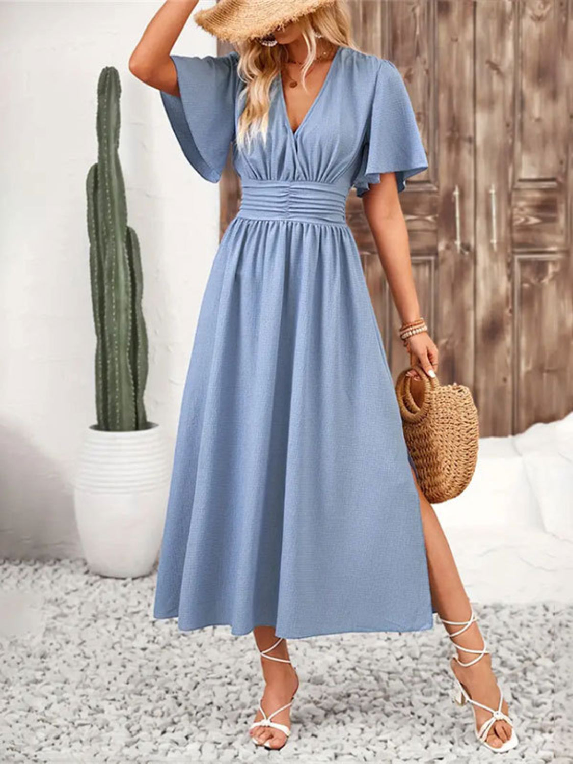 Side Slit Surplice Flutter Sleeve Midi Dress