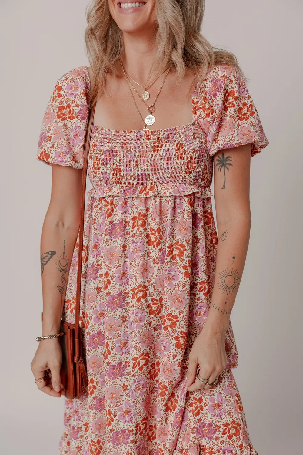 Floral Square Neck Knotted Ruffle Midi Dress