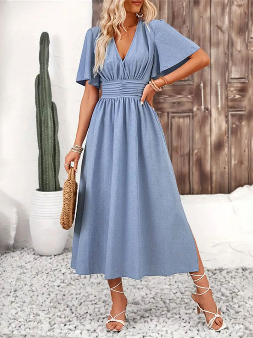 Side Slit Surplice Flutter Sleeve Midi Dress