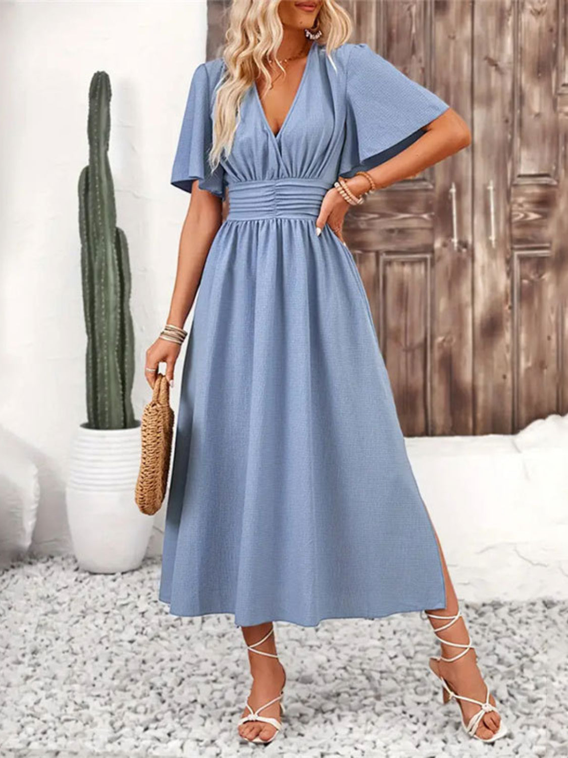 Side Slit Surplice Flutter Sleeve Midi Dress
