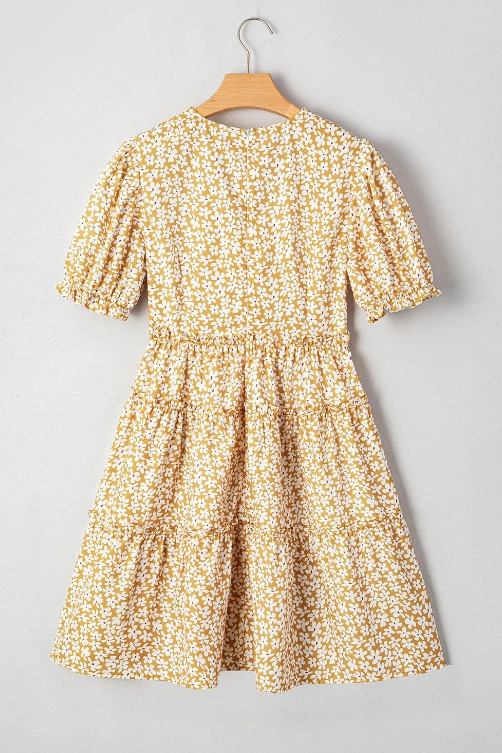 Floral Short Sleeve Surplice Frilly Tiered Mini Dress