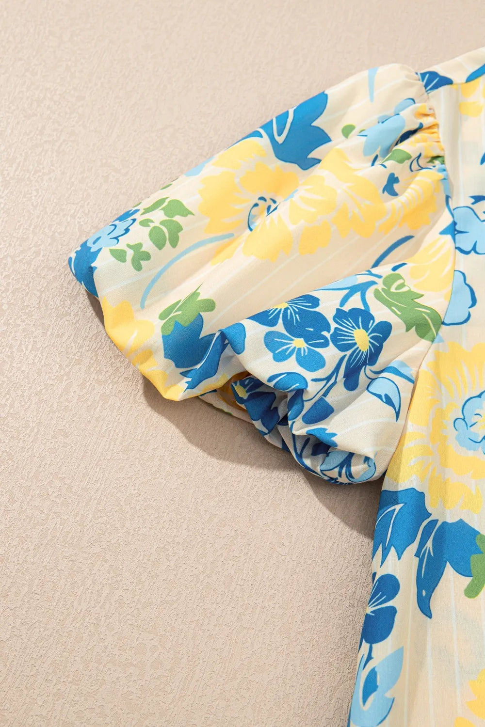 Floral Striped Trim Puff Short Sleeve Dress