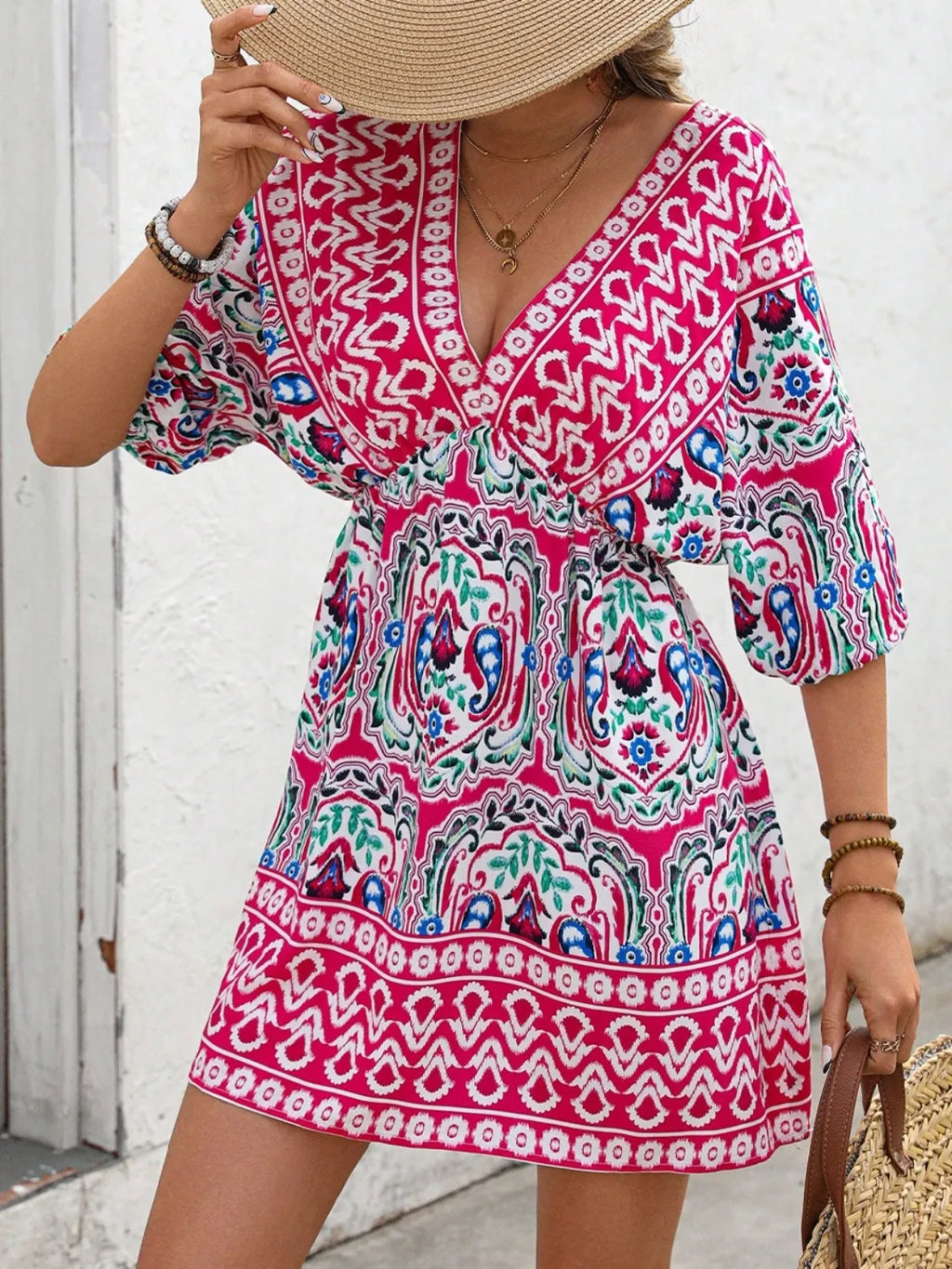 Printed Tie Back Half Sleeve Mini Dress