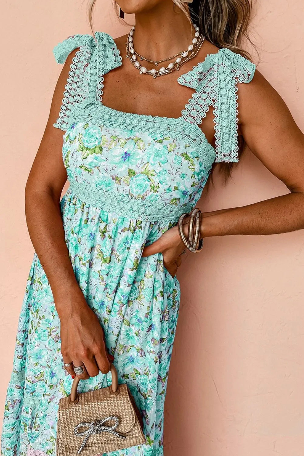 Lace Detail Square Neck Floral Dress