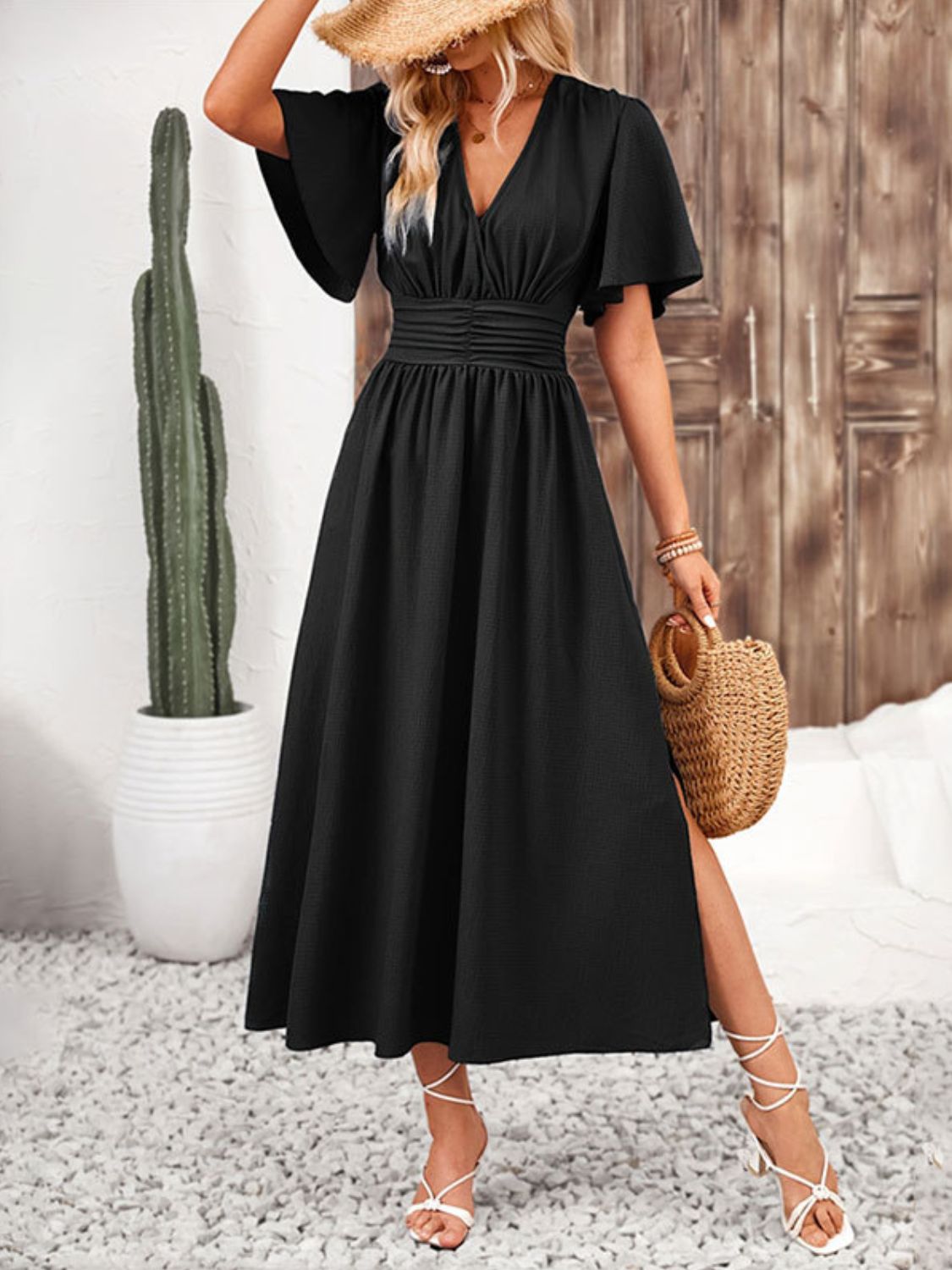 Side Slit Surplice Flutter Sleeve Midi Dress