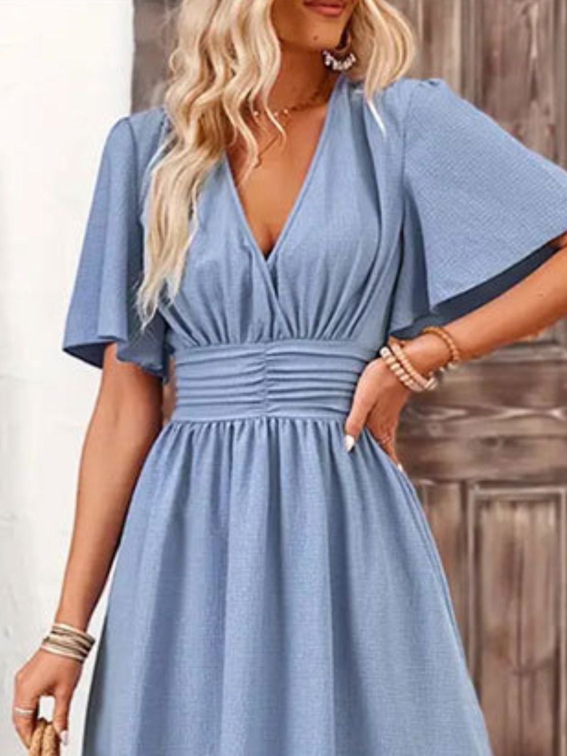 Side Slit Surplice Flutter Sleeve Midi Dress