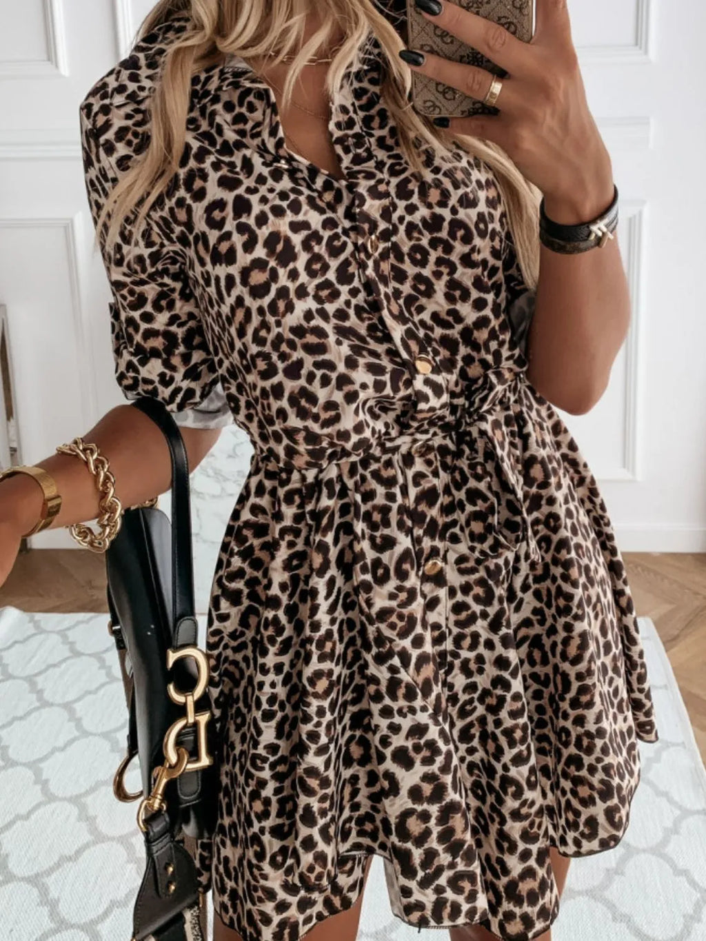 Printed Tie Waist Roll-Tab Sleeve Mini Dress