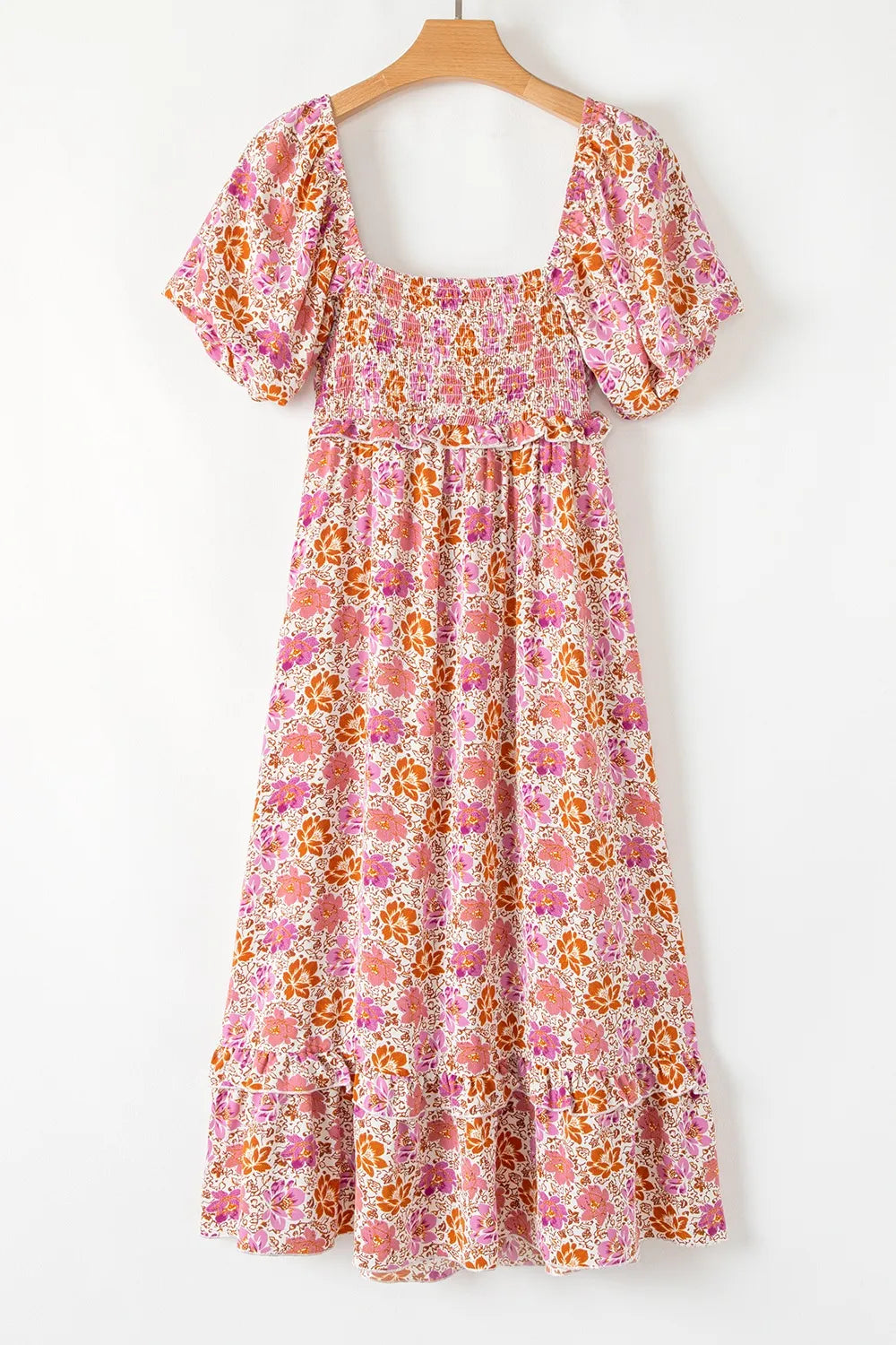Floral Square Neck Knotted Ruffle Midi Dress