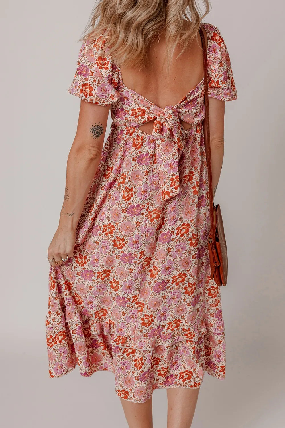 Floral Square Neck Knotted Ruffle Midi Dress