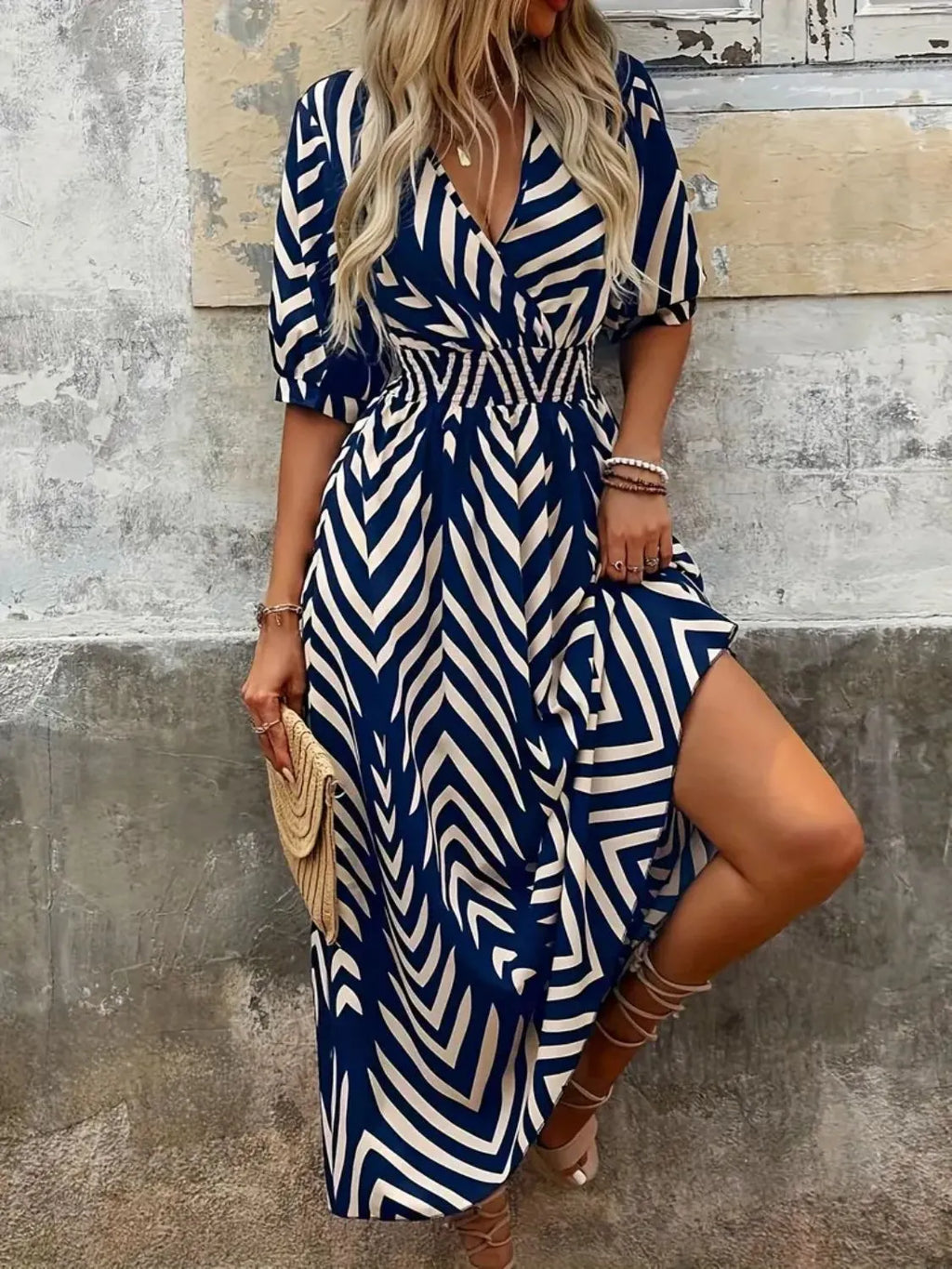 Printed Surplice Half Sleeve Midi Dress