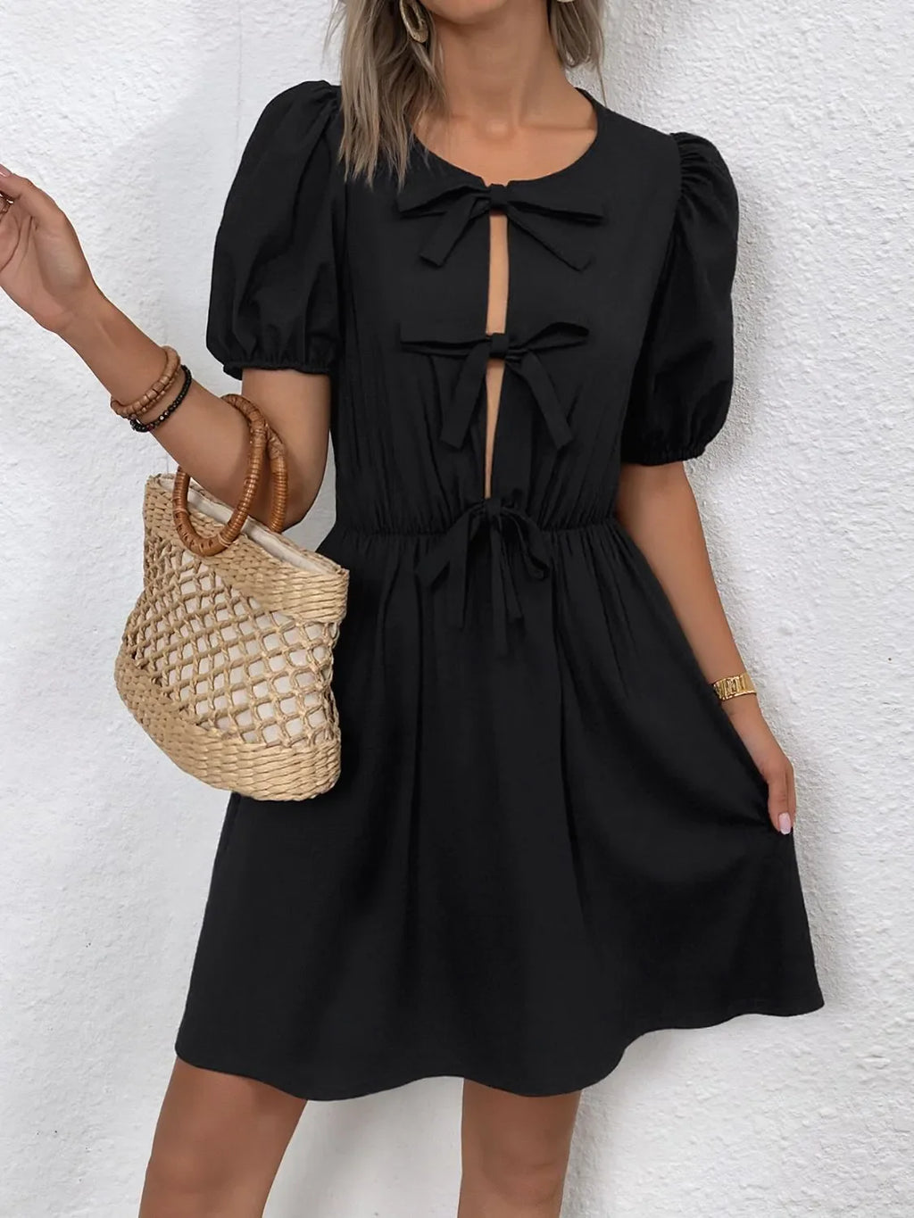 Tie Front Puff Sleeve Mini Dress