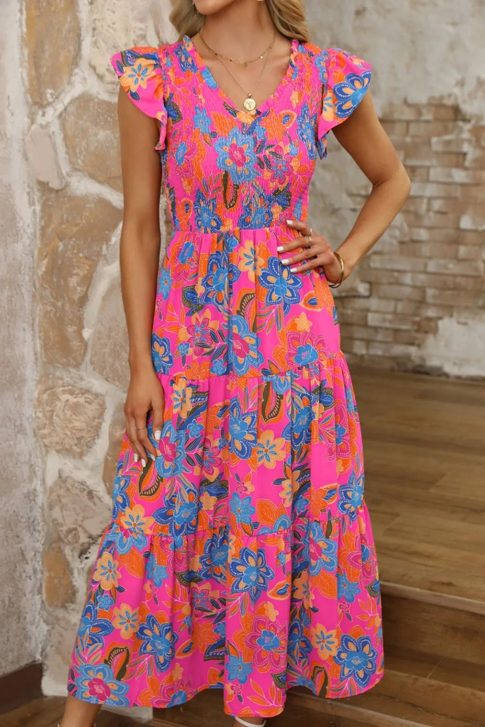 Boho Floral V Neck Ruffle Tiered Dress