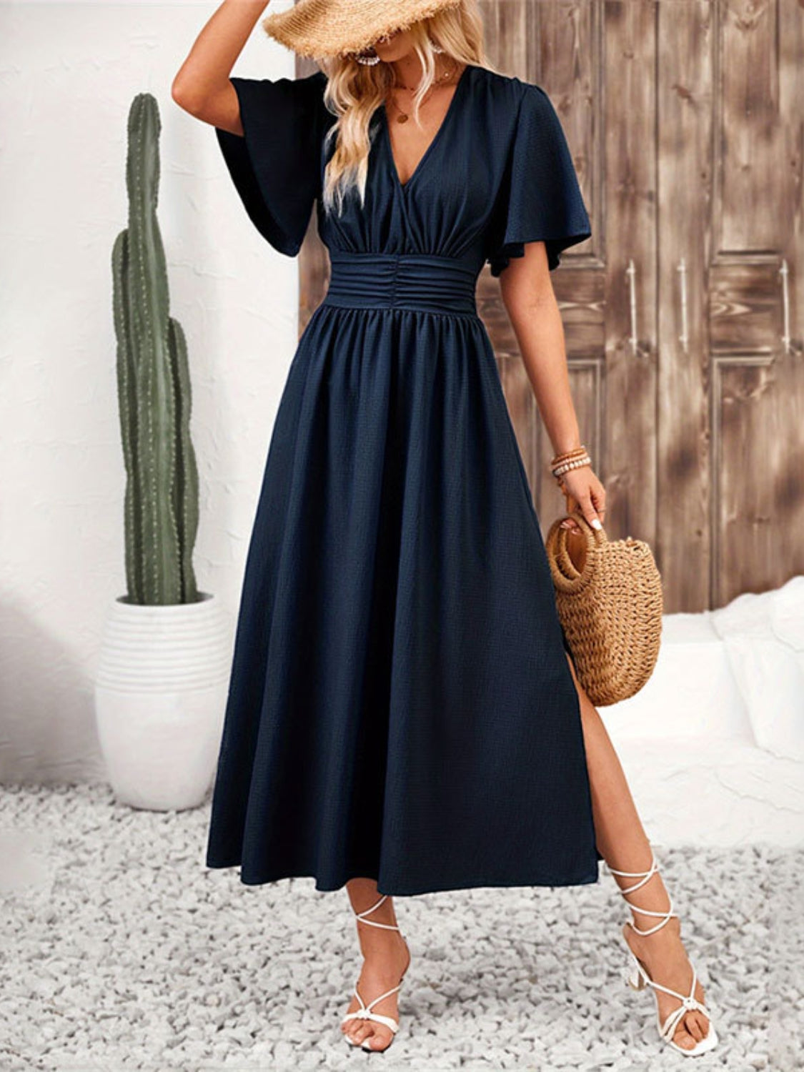 Side Slit Surplice Flutter Sleeve Midi Dress