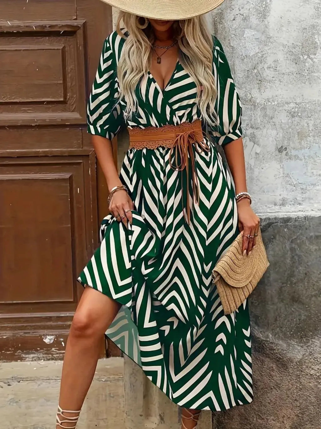 Printed Surplice Half Sleeve Midi Dress