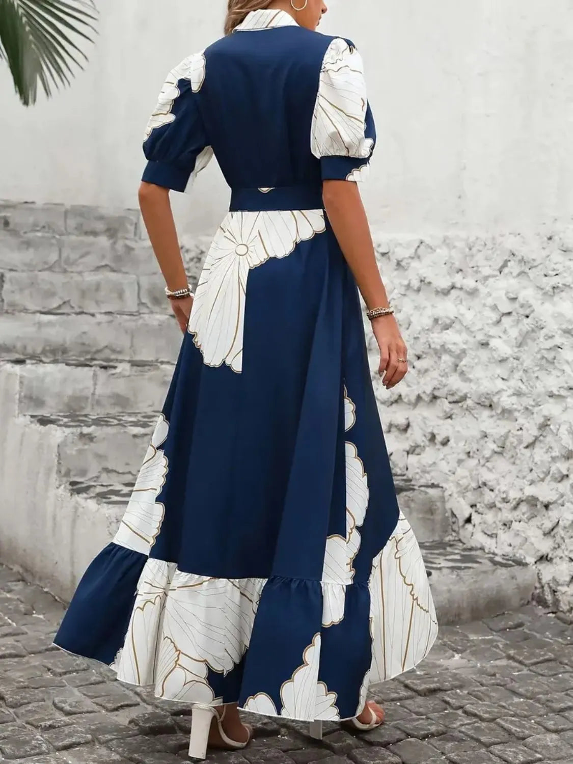 Printed Tie Waist Half Sleeve Maxi Shirt Dress