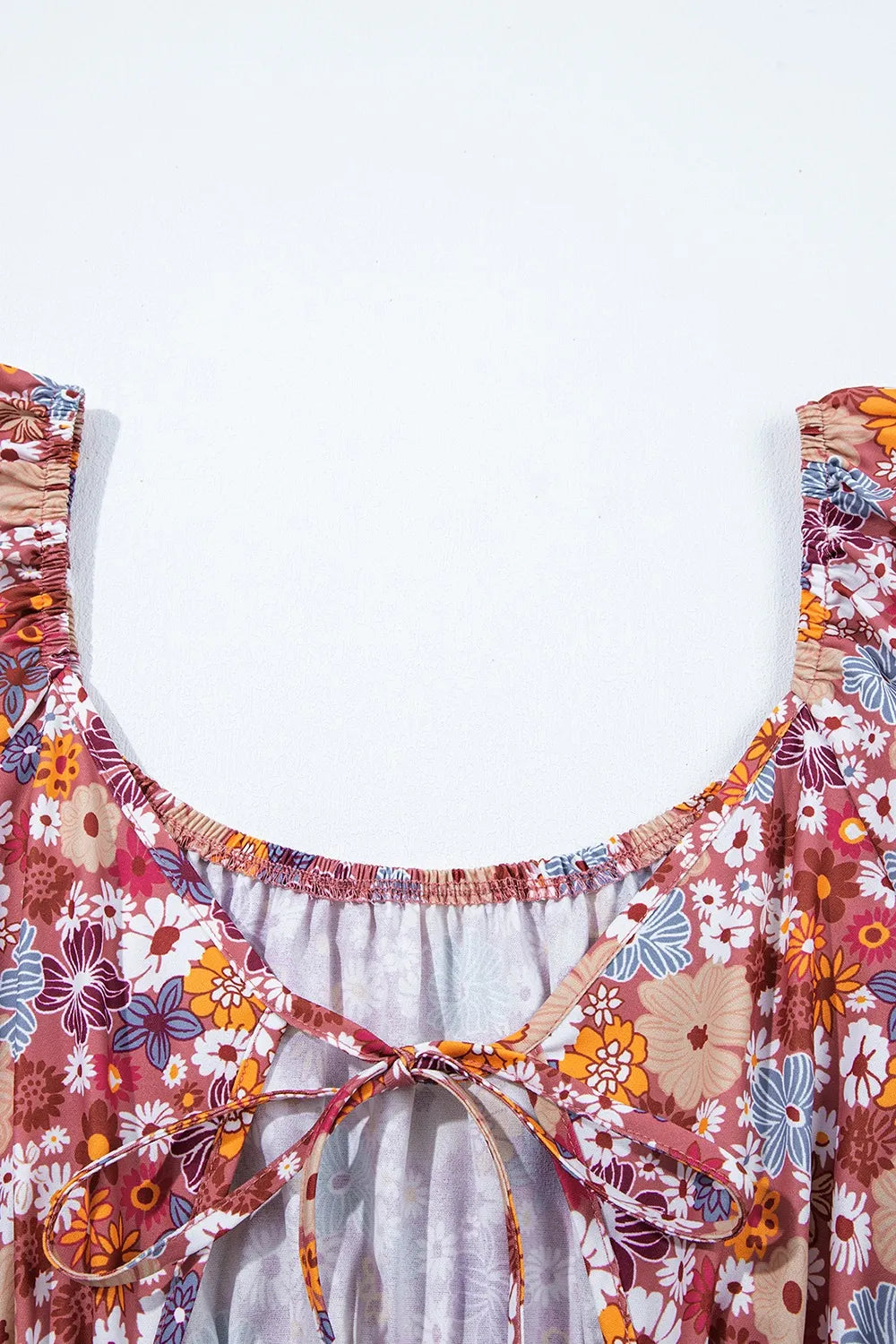 Floral Puff Sleeve Square Neck Knot Open Back Mini Dress