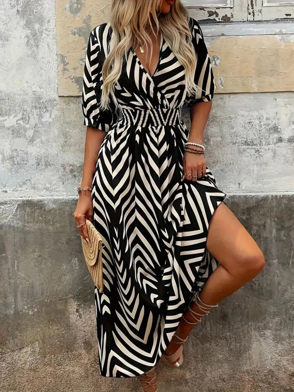 Printed Surplice Half Sleeve Midi Dress