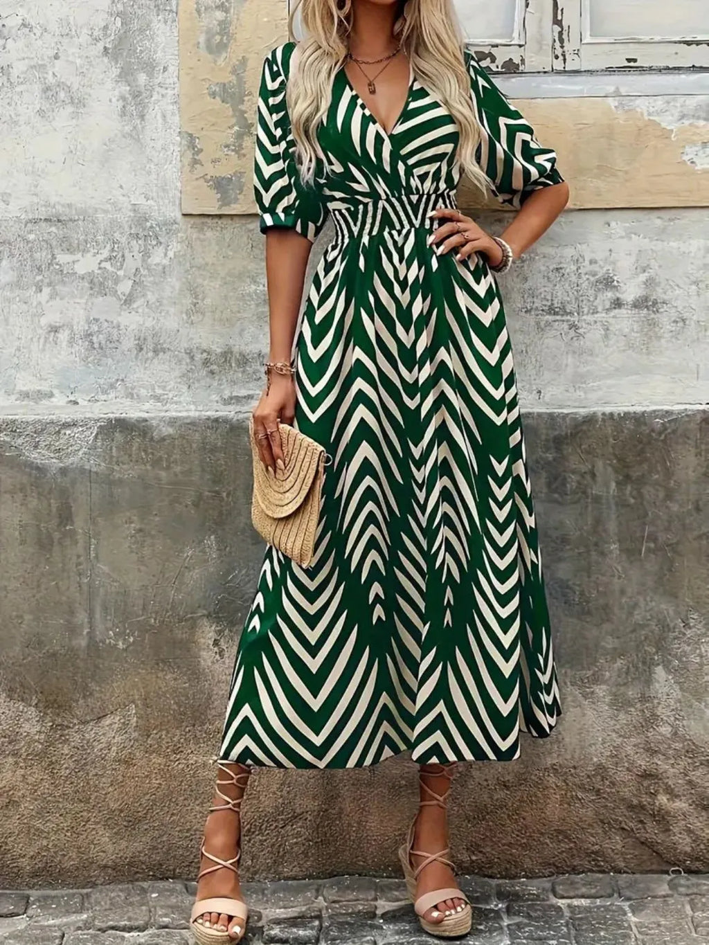 Printed Surplice Half Sleeve Midi Dress