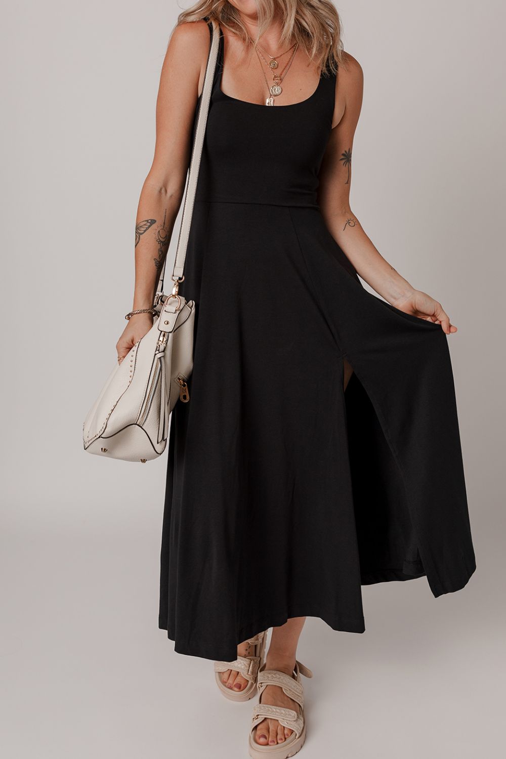 Side Slit Scoop Neck Wide Strap Dress